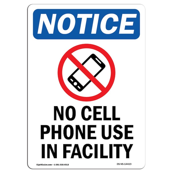 Safety Sign, OSHA Notice, 5" Height, No Cell Phone Use Sign With Symbol, Portrait, 10PK